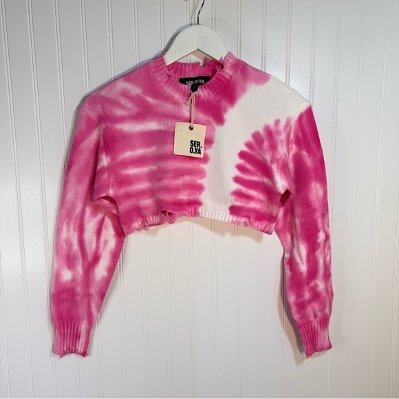 SER.O.YA Revolve Page Cropped Sweater in Pink Line Tie Dye Sz S - Picture 5 of 13